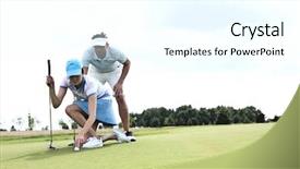  Presentation with course - Audience pleasing presentation consisting of man with woman aiming ball on golf course against sky backdrop and a cool aqua colored foreground