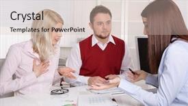  Presentation with professional consultant - PPT theme having man woman red blue meeting - consultation at office with couple background and a soft green colored foreground