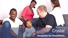  Presentation with friends - Amazing slide deck having man woman red blue meeting - interracial friends and family backdrop and a ocean colored foreground