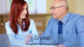  Presentation with female - Slide set enhanced with man woman red blue meeting - senior businessman with young redhead background and a  colored foreground