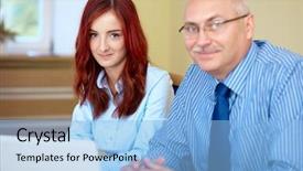  Presentation with worried young female college student - Amazing presentation design having man woman red blue meeting - senior businessman with young redhead backdrop and a  colored foreground