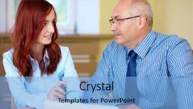  Presentation with female - Audience pleasing presentation design consisting of man woman red blue meeting - senior businessman with young redhead backdrop and a  colored foreground