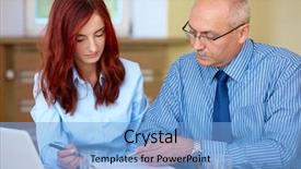  Presentation with female - Cool new slide set with man woman red blue meeting - senior businessman with young redhead backdrop and a light blue colored foreground