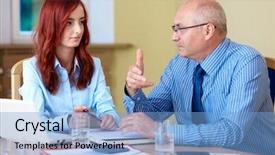  Presentation with worried young female college student - Slide deck having man woman red blue meeting - senior businessman with young redhead background and a light blue colored foreground