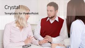  Presentation with woman office desk - Presentation design featuring man woman red blue meeting - young couple has consultation background and a  colored foreground