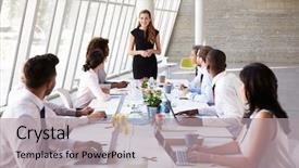  Presentation with meeting table - Colorful PPT theme enhanced with man woman working - caucasian businesswoman leading meeting backdrop and a  colored foreground