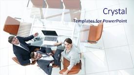  Presentation with employees images - Audience pleasing theme consisting of man woman working - employees sitting at the desk backdrop and a sky blue colored foreground