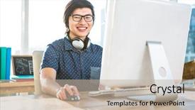  Presentation with computer - PPT layouts featuring man work - smiling asian businessman using computer background and a mint green colored foreground