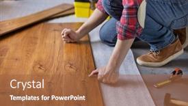  Presentation with hand tools - Colorful presentation design enhanced with man-worker-installing-laminate-flooring backdrop and a red colored foreground