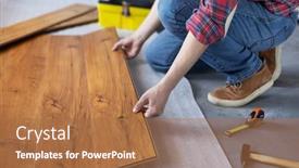  Presentation with hand tools - Colorful presentation enhanced with man-worker-installing-laminate-flooring backdrop and a coral colored foreground