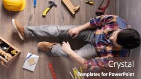  Presentation with solutions - Colorful theme enhanced with man-worker-sitting-on-floor backdrop and a tawny brown colored foreground