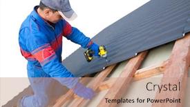  Presentation with drill - Presentation theme with man-worker-uses-a-power background and a coral colored foreground