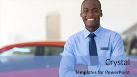  Presentation with dealership - Cool new slide deck with man working at car dealership backdrop and a light blue colored foreground