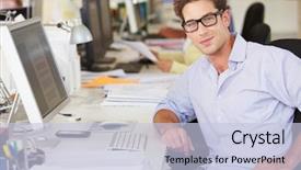  Presentation with busy - PPT theme consisting of man working at desk background and a light blue colored foreground