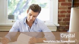  Presentation with desk - Amazing slide deck having man working at desk backdrop and a coral colored foreground