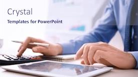  Presentation with trading - Amazing PPT layouts having man working at table in office closeup financial trading concept backdrop and a sky blue colored foreground