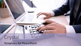  Presentation with trading - PPT theme with man working at table in office closeup financial trading concept background and a light blue colored foreground