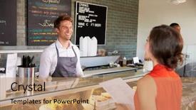  Presentation with food order - Theme enhanced with man working behind counter background and a coral colored foreground