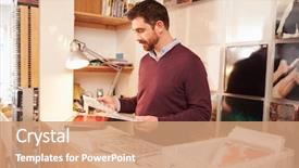  Presentation with record - PPT theme with man working behind the counter background and a coral colored foreground