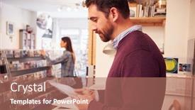  Presentation with record - Slide deck with man working behind the counter at a record shop background and a coral colored foreground