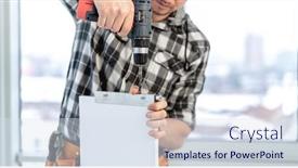  Presentation with manufacturing process - Amazing presentation design having man-working-during-process backdrop and a sky blue colored foreground