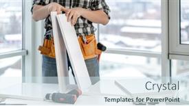  Presentation with manufacturing process - Presentation design enhanced with man-working-during-process background and a sky blue colored foreground