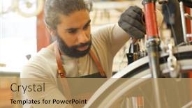  Presentation with repair shop - Slide deck enhanced with man working in cycle repair shop background and a coral colored foreground