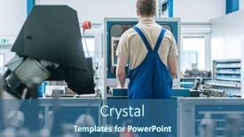  Presentation with metal production - Cool new PPT theme with man-working-in-factory backdrop and a ocean colored foreground