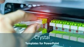  Presentation with digital communications - Presentation design featuring man working in network server room with fiber optic hub for digital communications and internet background and a ocean colored foreground