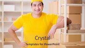  Presentation with postal service - PPT layouts having man working in postal parcel delivery service office background and a yellow colored foreground