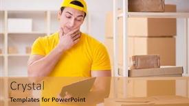  Presentation with postal service - Slides having man working in postal parcel delivery service office background and a gold colored foreground