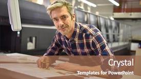  Presentation with house - Colorful presentation design enhanced with man working in printing house backdrop and a coral colored foreground