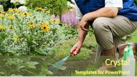  Presentation with soil shovel in the garden - Presentation theme enhanced with man working in the garden background and a tawny brown colored foreground