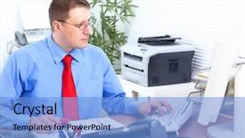 Presentation with working - Audience pleasing slide deck consisting of man working in the office backdrop and a light blue colored foreground