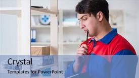  Presentation with postal labor union - PPT theme having man working in the postal background and a  colored foreground