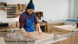  Presentation with workshop - Slide set enhanced with man-working-on-circular-saw background and a  colored foreground