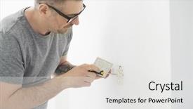  Presentation with outlet - PPT theme with man working on electrical outlet background and a light gray colored foreground