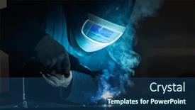  Presentation with iron - Presentation design having man-working-on-iron background and a ocean colored foreground