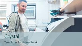  Presentation with printer machine - Presentation with man working on large format background and a light blue colored foreground