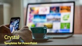  Presentation with cell - Slide deck having man working on notebook and cell phone with a fresh cup of coffee background and a tawny brown colored foreground