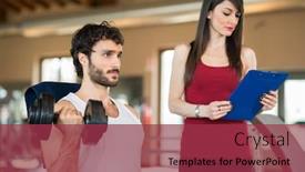  Presentation with personal - Cool new PPT theme with man working out in a gym while his personal trainer looks at the execution backdrop and a red colored foreground