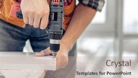 Presentation with manufacturing process - Beautiful presentation design featuring man-working-using-electric-screwdriver backdrop and a coral colored foreground
