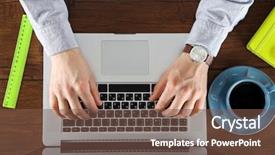  Presentation with man on top of mountain - PPT theme featuring man working with laptop top view background and a tawny brown colored foreground