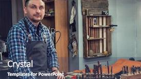  Presentation with leather craft - PPT layouts with man working with leather textile background and a ocean colored foreground