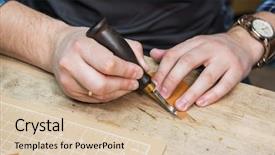  Presentation with leather craft - Beautiful PPT layouts featuring man working with leather textile backdrop and a soft green colored foreground