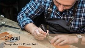  Presentation with leather craft - Slide deck with man working with leather textile background and a coral colored foreground