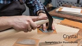  Presentation with leather craft - PPT theme enhanced with man working with leather textile background and a coral colored foreground