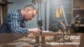  Presentation with leather craft - Presentation design featuring man working with leather textile background and a tawny brown colored foreground