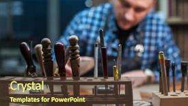  Presentation with leather craft - Presentation theme consisting of man working with leather textile background and a tawny brown colored foreground