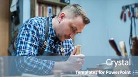  Presentation with leather craft - Beautiful slide set featuring man working with leather textile backdrop and a teal colored foreground